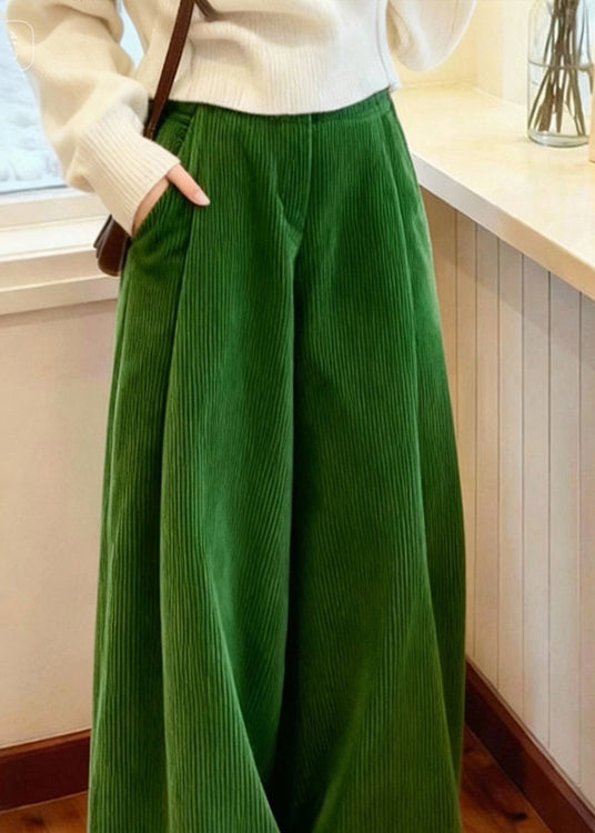 Green Pockets Corduroy Wide Leg Pants Spring