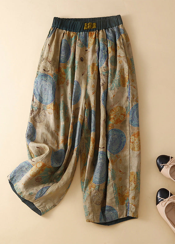 Green Pockets Elastic Waist Print Harem Pants Summer