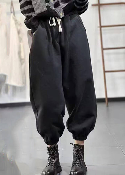 Green Pockets Elastic Waist Warm Fleece Pants Spring