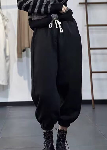 Green Pockets Elastic Waist Warm Fleece Pants Spring
