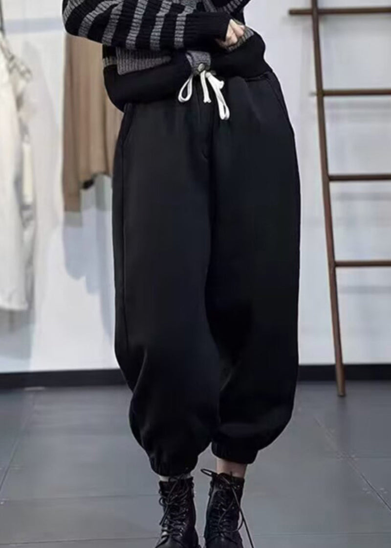 Green Pockets Elastic Waist Warm Fleece Pants Spring