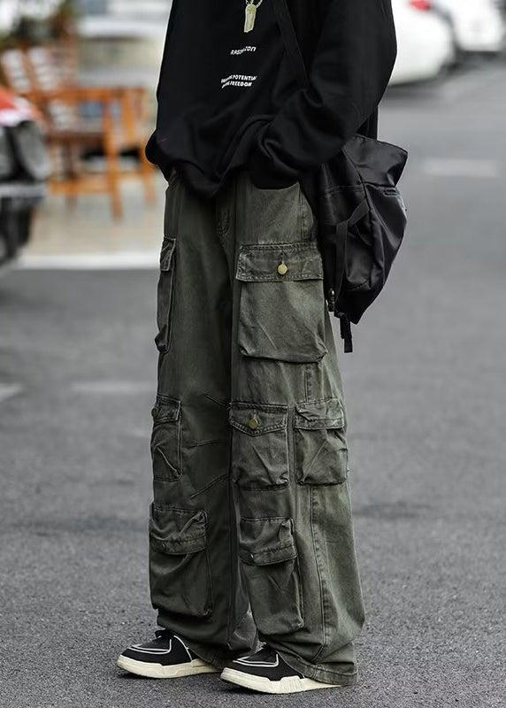 Green Pockets High Waist Cotton Pants Fall