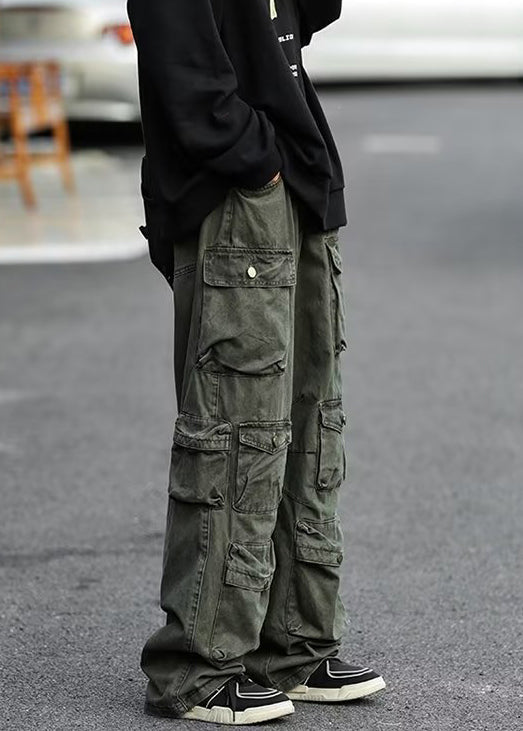 Green Pockets High Waist Cotton Pants Fall