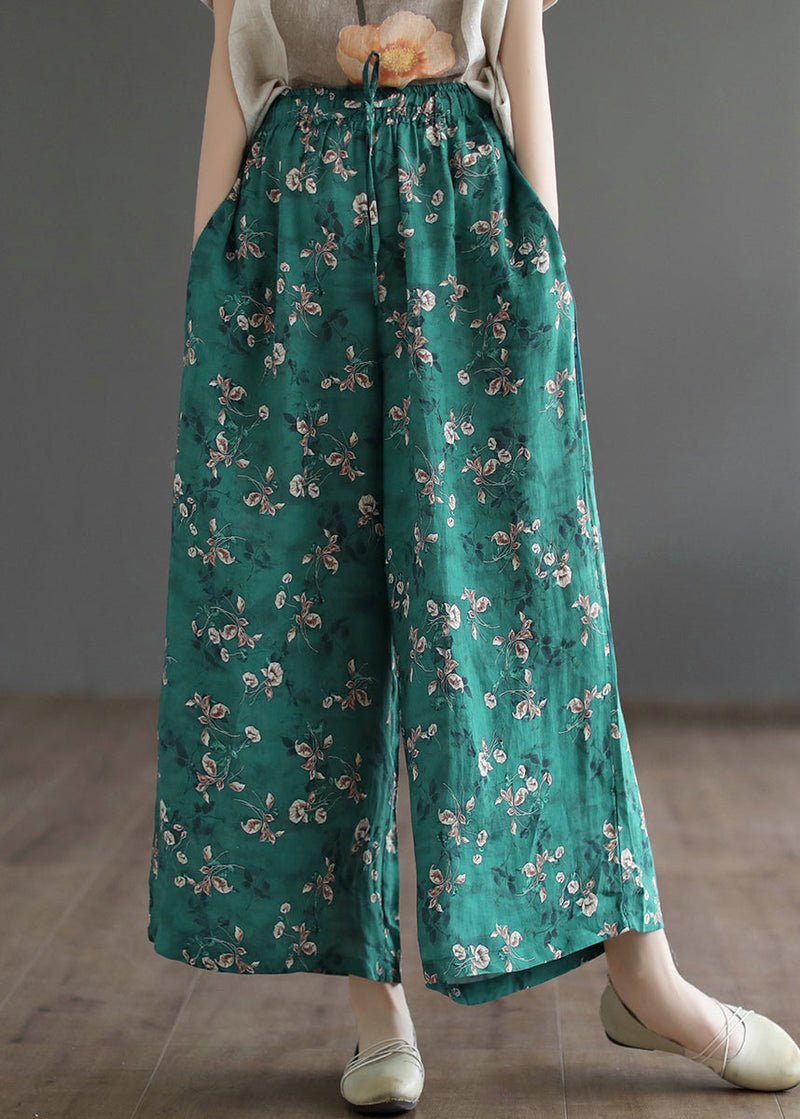 Green Pockets Print Lace Up Elastic Waist Linen Wide Leg Pants Summer