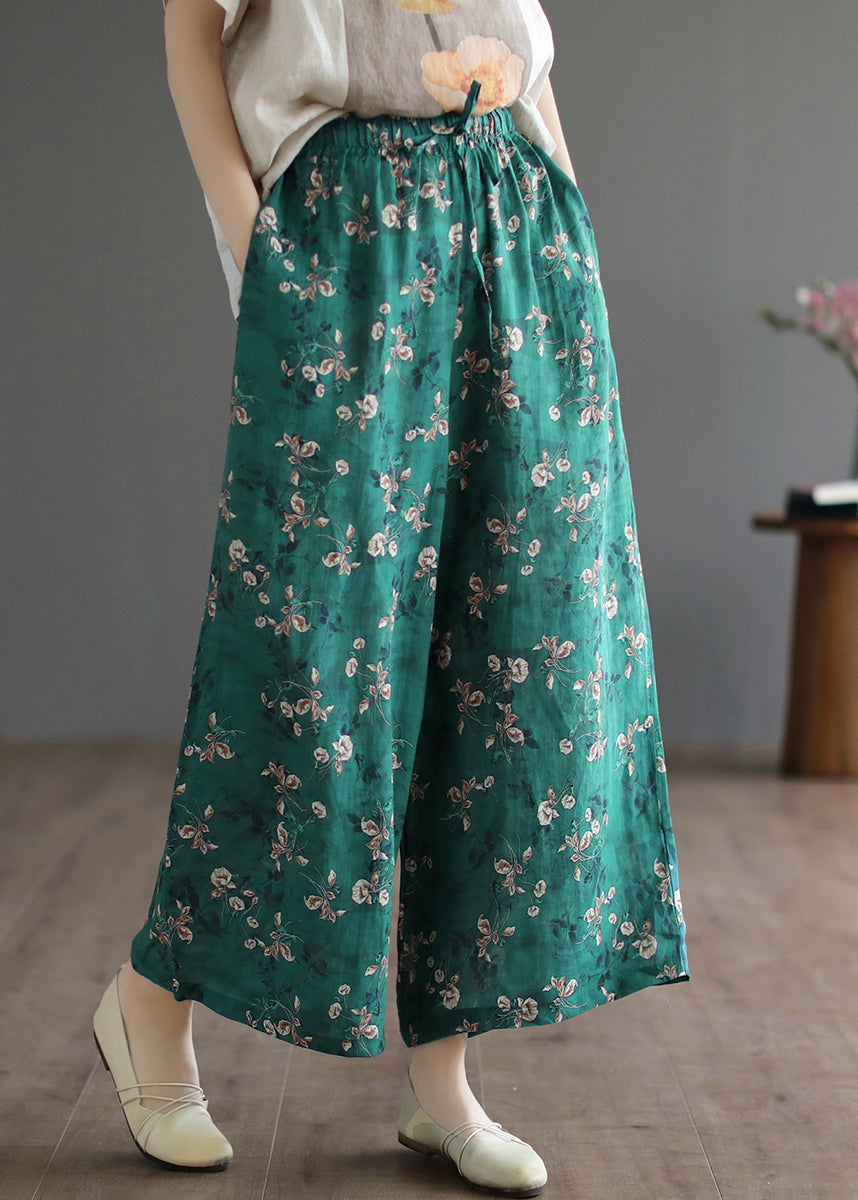 Green Pockets Print Lace Up Elastic Waist Linen Wide Leg Pants Summer