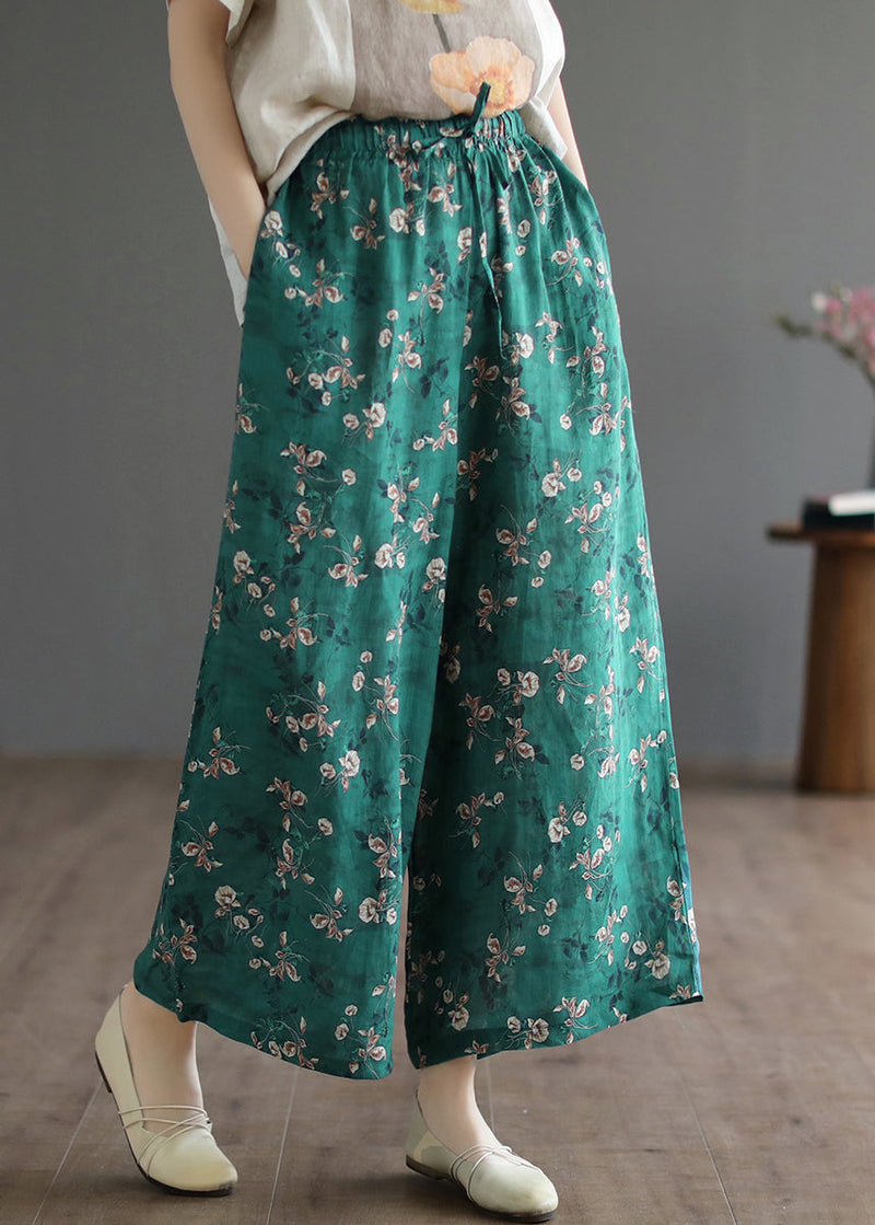 Green Pockets Print Lace Up Elastic Waist Linen Wide Leg Pants Summer