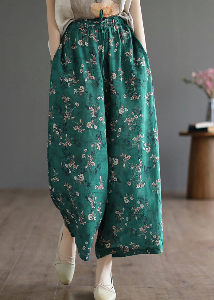 Green Pockets Print Lace Up Elastic Waist Linen Wide Leg Pants Summer