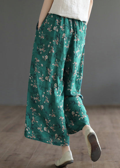 Green Pockets Print Lace Up Elastic Waist Linen Wide Leg Pants Summer