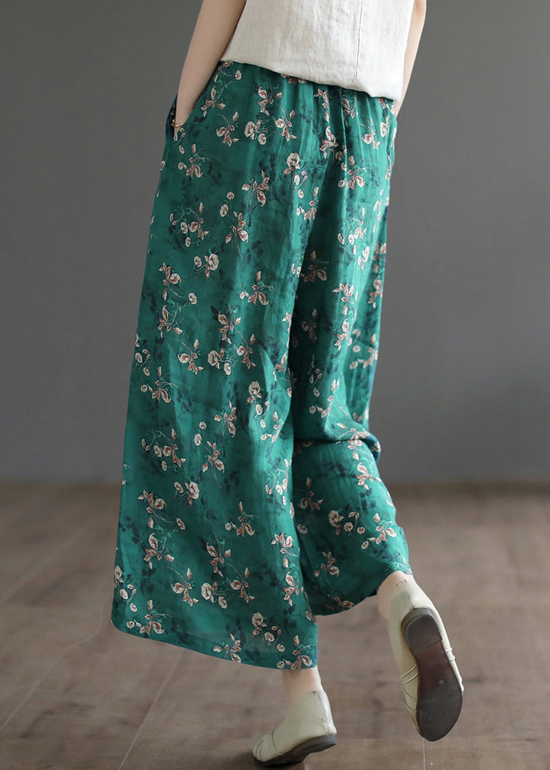 Green Pockets Print Lace Up Elastic Waist Linen Wide Leg Pants Summer