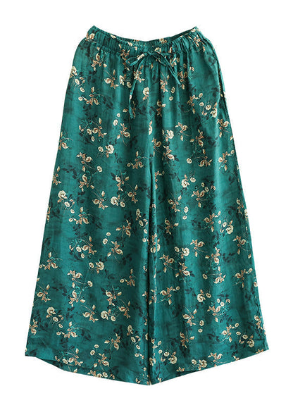 Green Pockets Print Lace Up Elastic Waist Linen Wide Leg Pants Summer