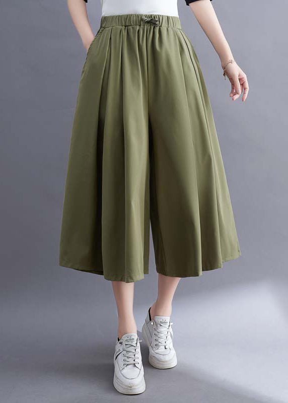 Green Pockets Wrinkled Cotton Wide Leg Pants Skirt Summer