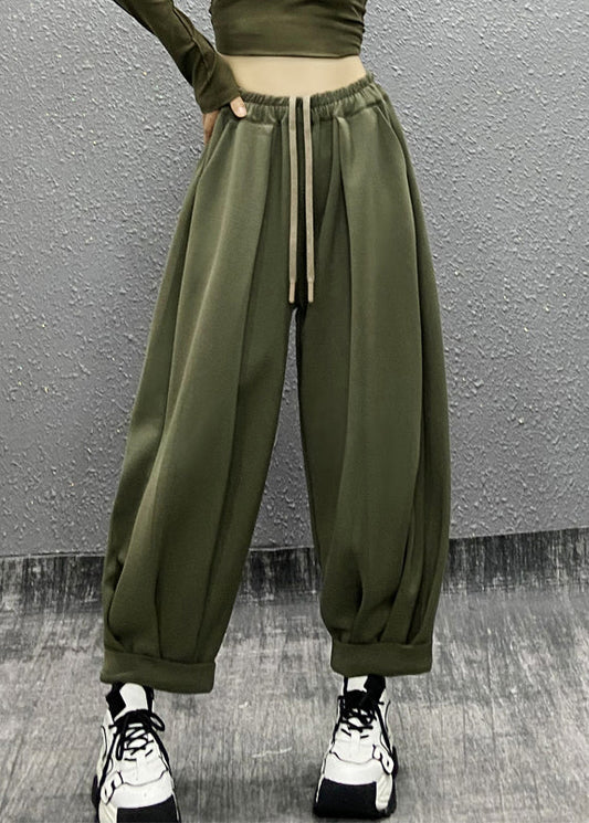 Green Pockets Wrinkled Elastic Waist Cotton Sport Pants Fall