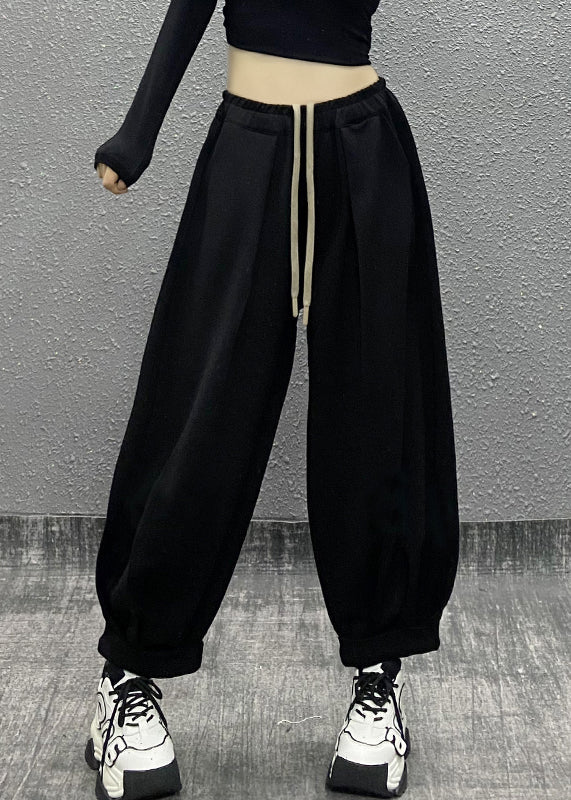 Green Pockets Wrinkled Elastic Waist Cotton Sport Pants Fall