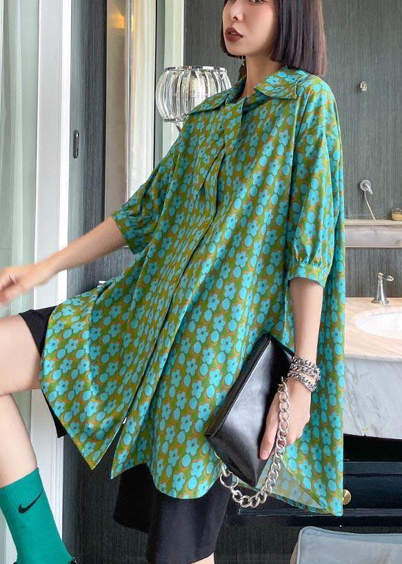 Green Print Button Short Sleeve Cotton Top
