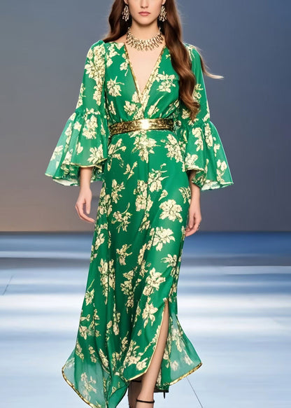Green Print Chiffon Tunic Dress Flare Sleeve