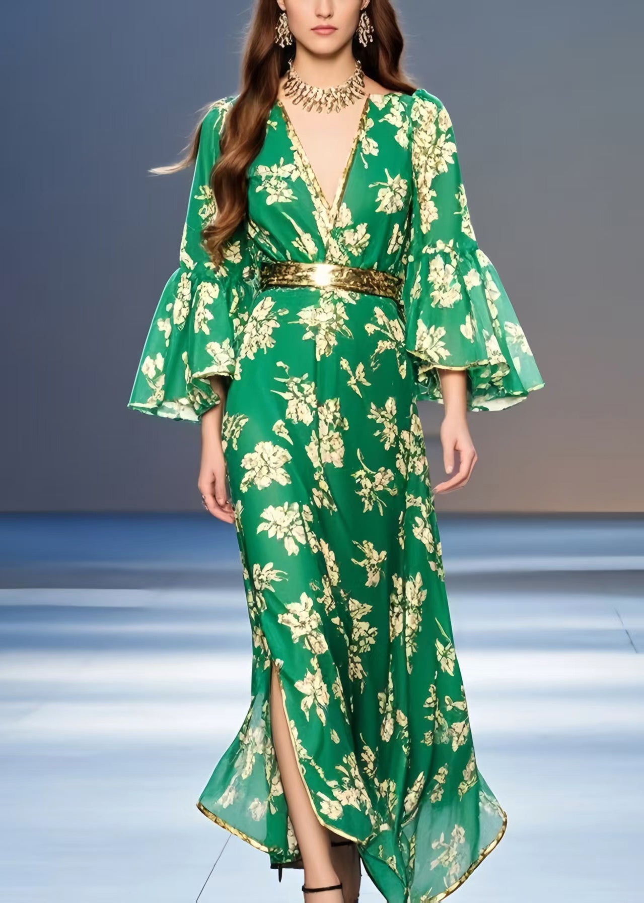 Green Print Chiffon Tunic Dress Flare Sleeve