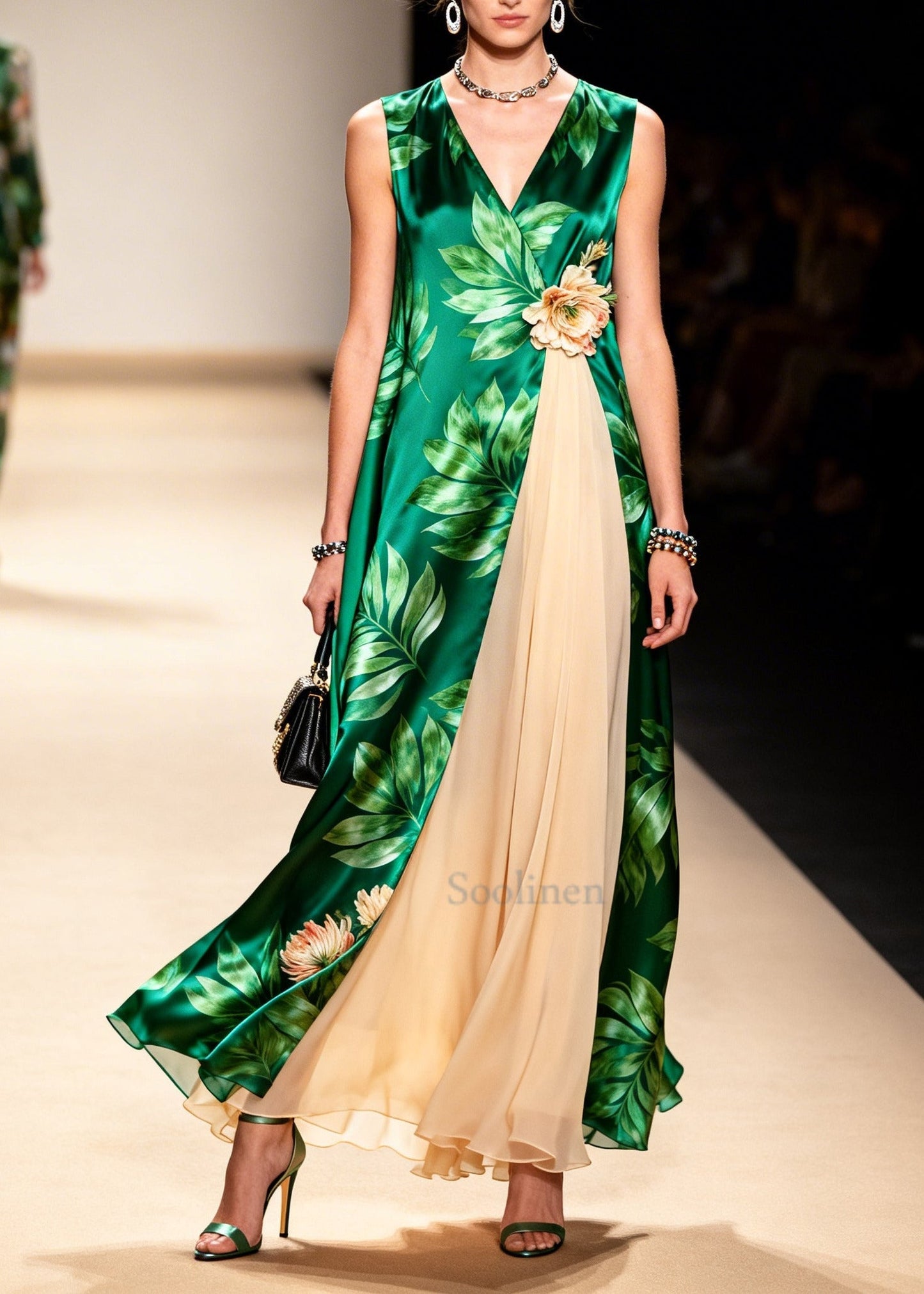 Green Print Handmade Flower Chiffon Long Dress Sleeveless