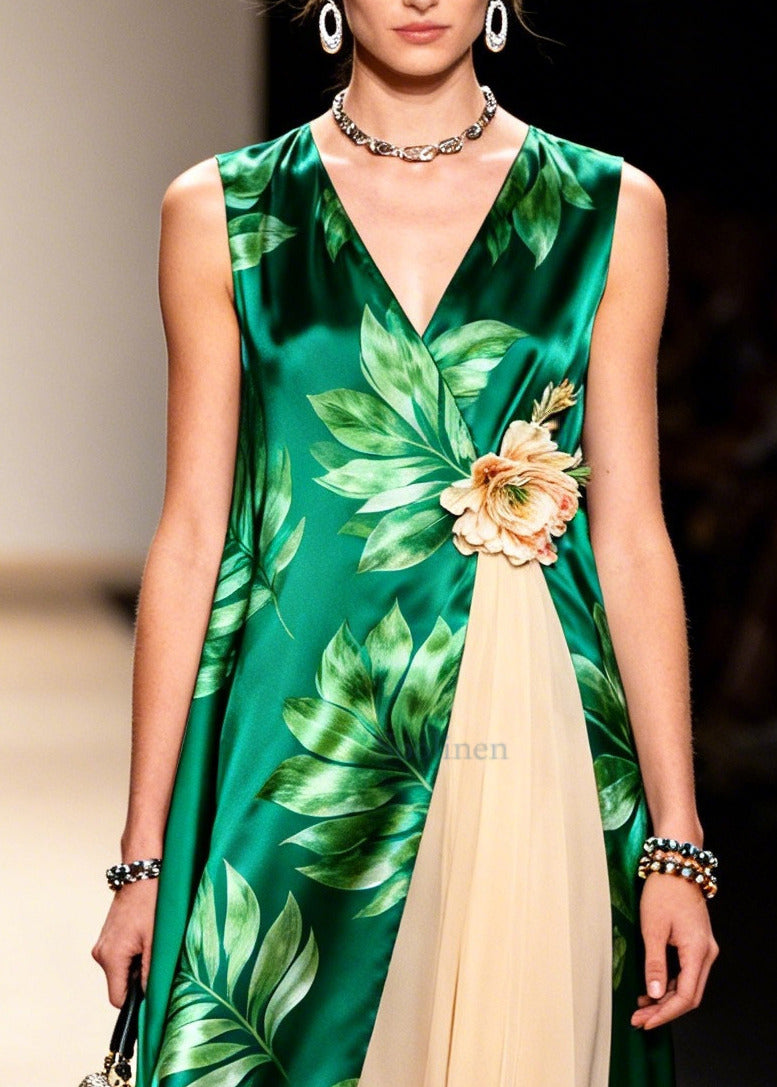 Green Print Handmade Flower Chiffon Long Dress Sleeveless