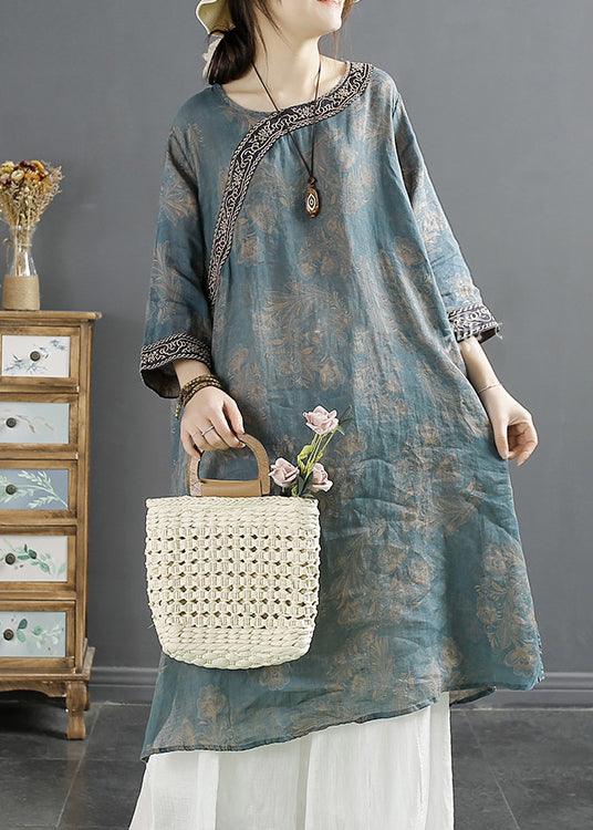 Green Print Patchwork Side Open Ramie Top Spring