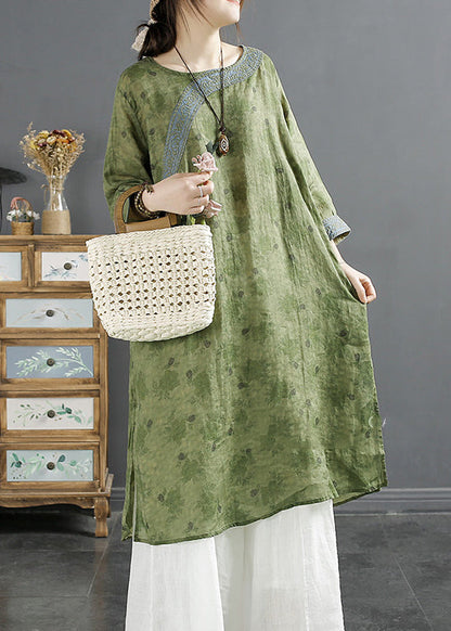 Casual Green Print Patchwork Side Open Ramie Top Spring