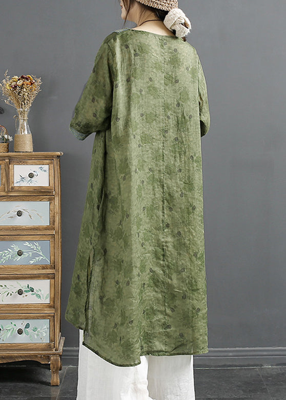 Green Print Patchwork Side Open Ramie Top Spring