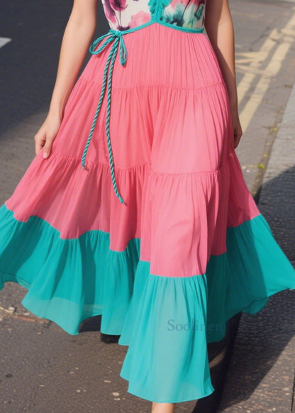 Green Ruffled Patchwork Chiffon Sun Dresses Summer