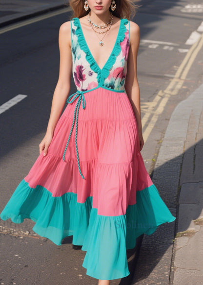 Green Ruffled Patchwork Chiffon Sun Dresses Summer