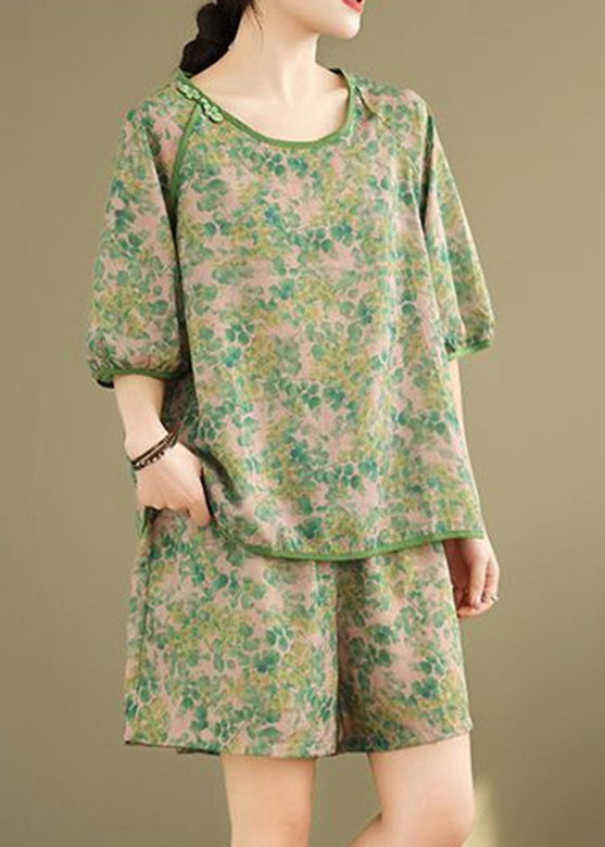 Green Side Open T Shirt and Shorts Two Pieces Set Short Sleeve