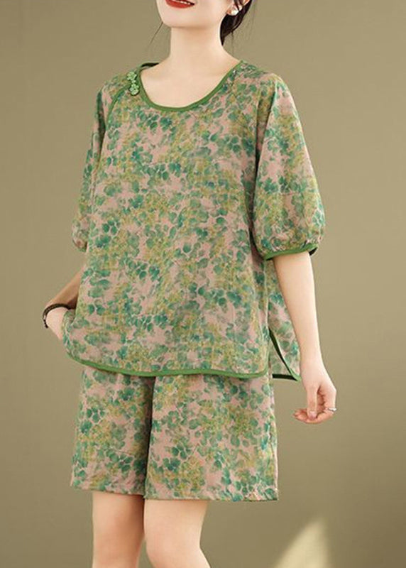 Green Side Open T Shirt and Shorts Two Pieces Set Short Sleeve