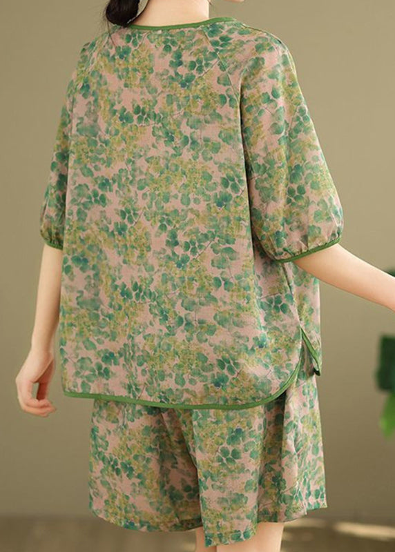 Green Side Open T Shirt and Shorts Two Pieces Set Short Sleeve