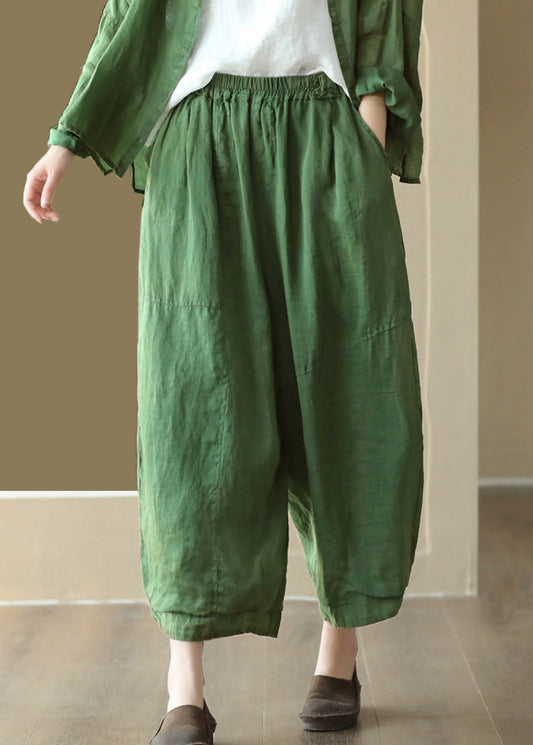Green Pockets High Waist Linen Wide Leg Pants