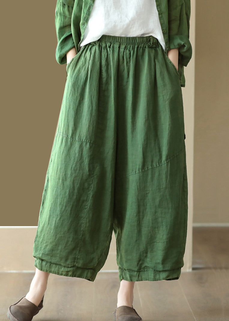 Green Pockets High Waist Linen Wide Leg Pants