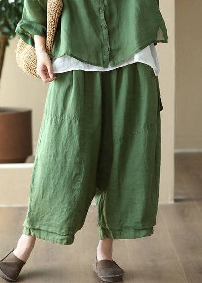 Green Pockets High Waist Linen Wide Leg Pants