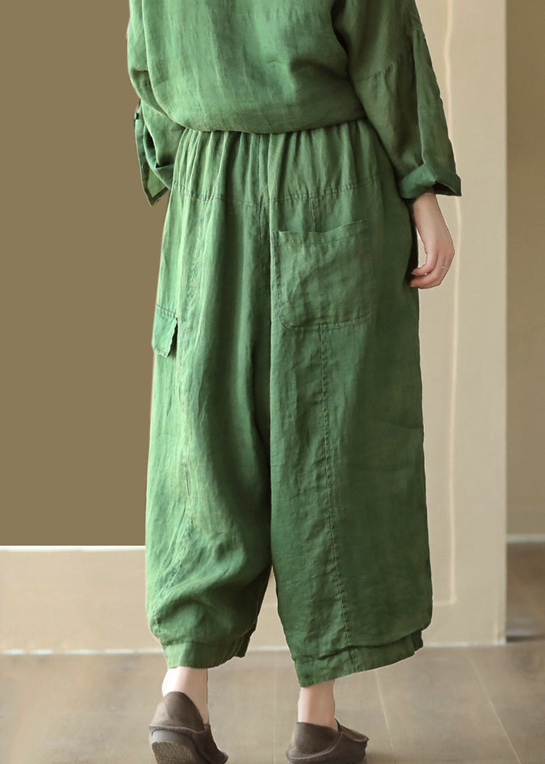 Green Pockets High Waist Linen Wide Leg Pants