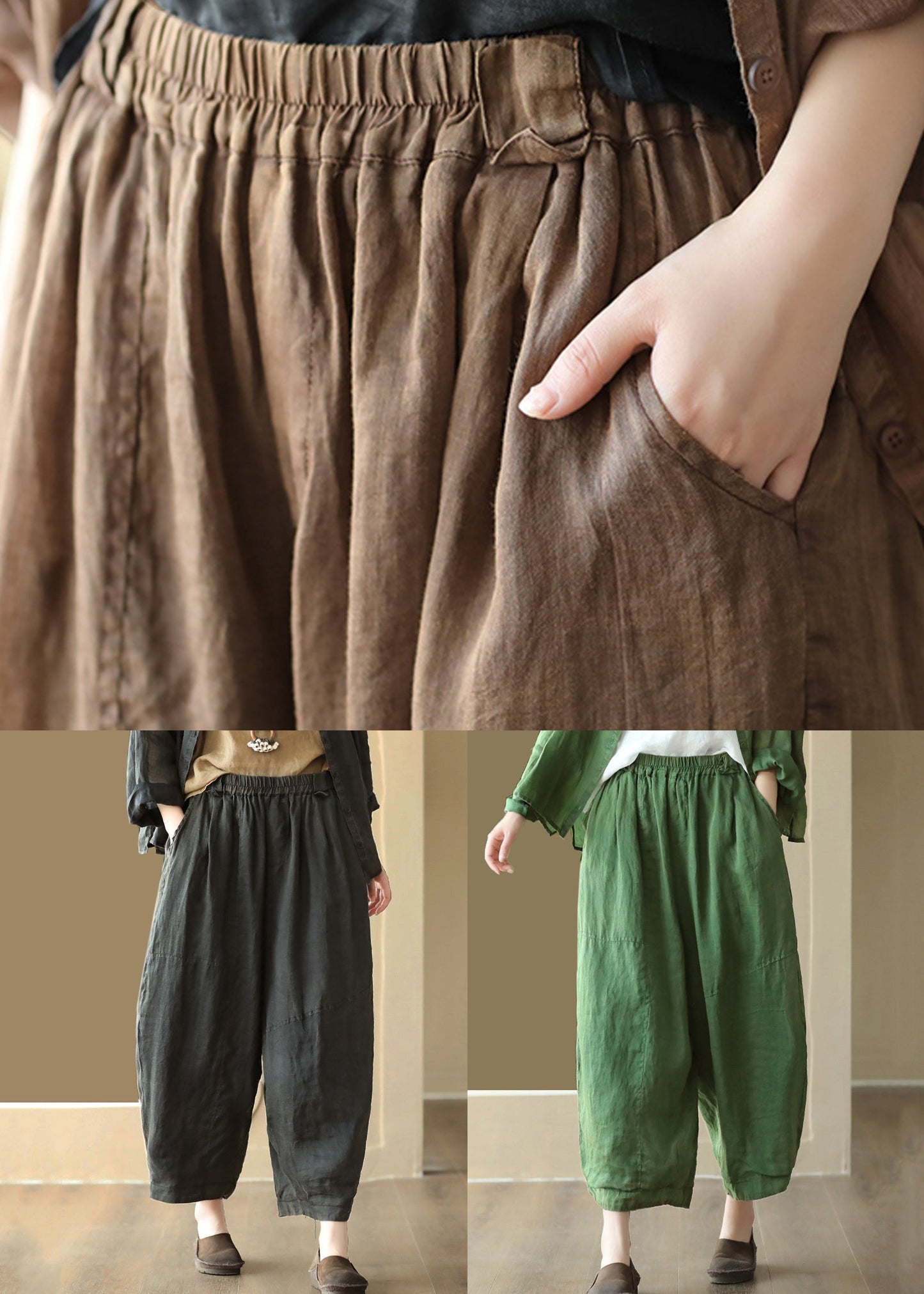 Green Pockets High Waist Linen Wide Leg Pants