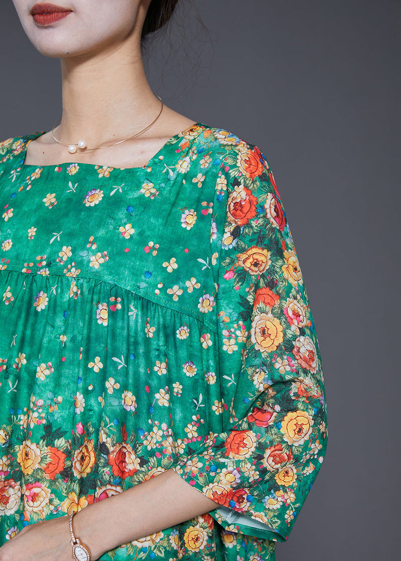 Green Square Collar Print Silk Dresses Summer