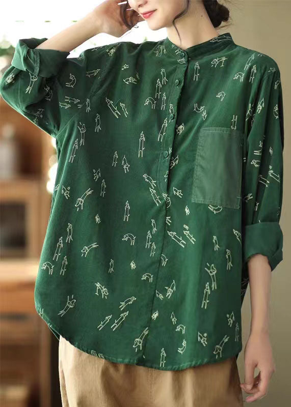 Green Stand Collar Print Patchwork Corduroy Blouses Spring