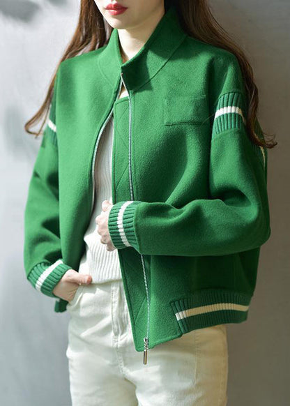 Green Stand Collar Zip Up Patchwork Woolen Coats Fall