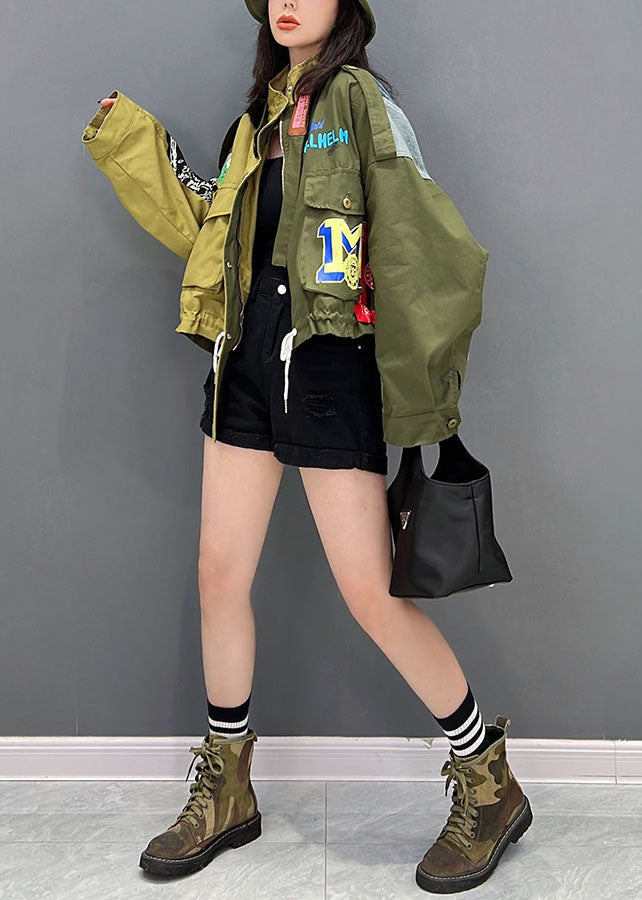Green Stand Collar Zip Up Patchwork Drawstring Cotton Denim Coats Fall