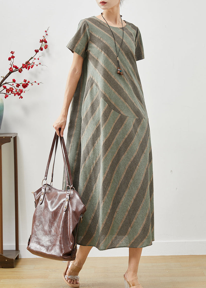 Green Striped Patchwork Cotton Long Dress Summer