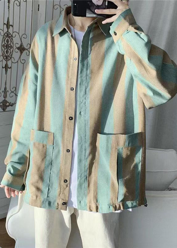 Casual Green Striped Pockets Cotton Mens Shirts Spring