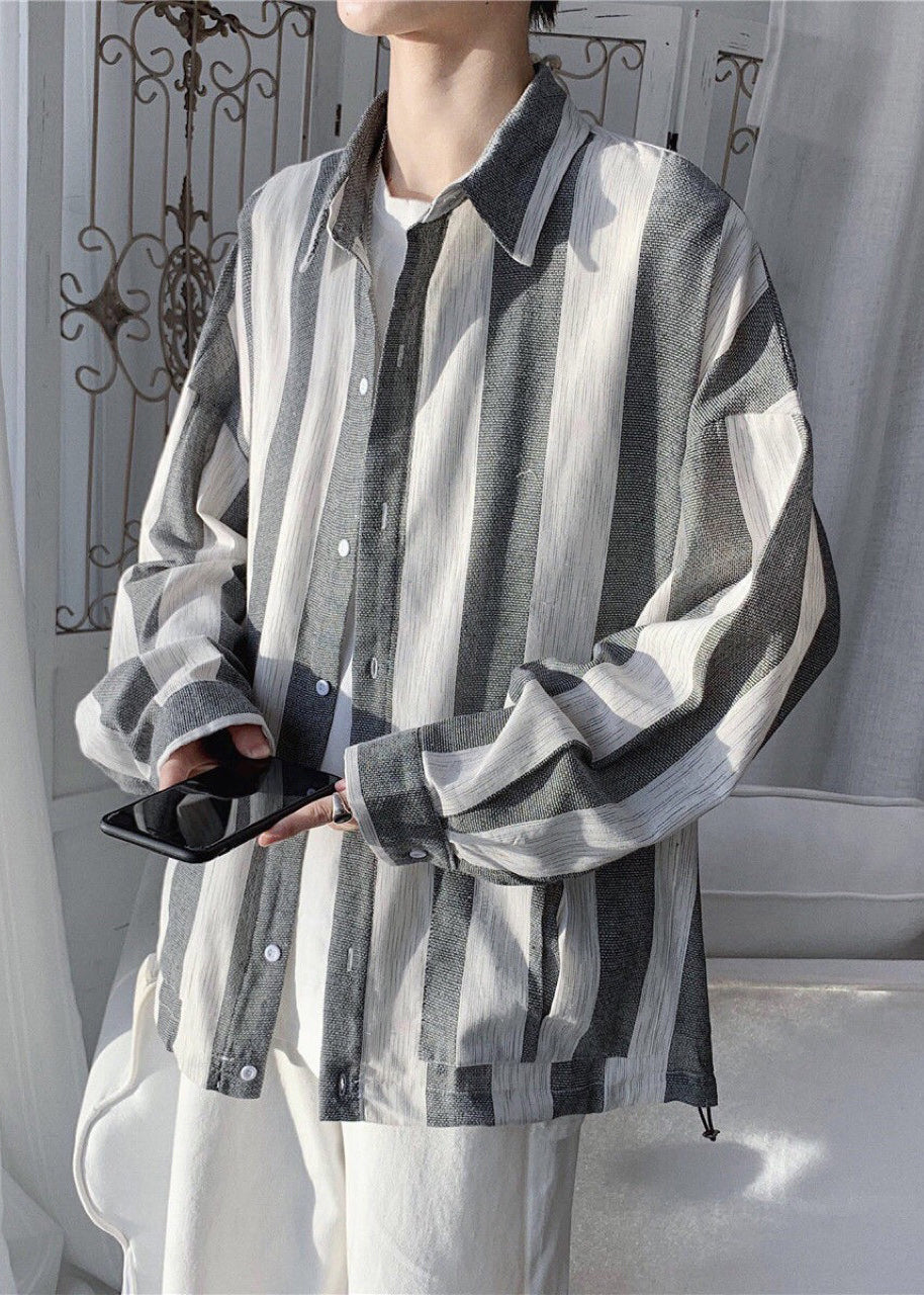 Casual Green Striped Pockets Cotton Mens Shirts Spring
