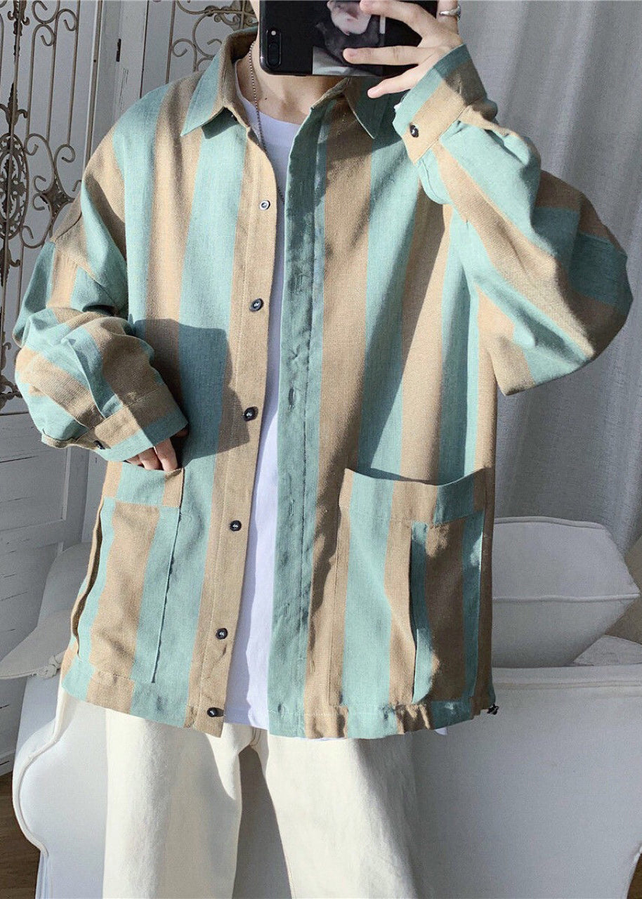 Casual Green Striped Pockets Cotton Mens Shirts Spring