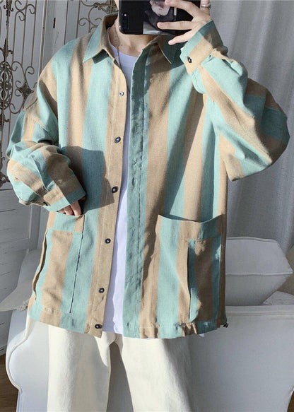 Casual Green Striped Pockets Cotton Mens Shirts Spring