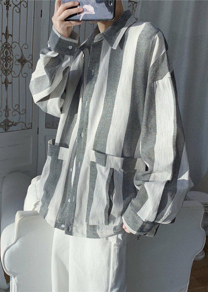 Casual Green Striped Pockets Cotton Mens Shirts Spring