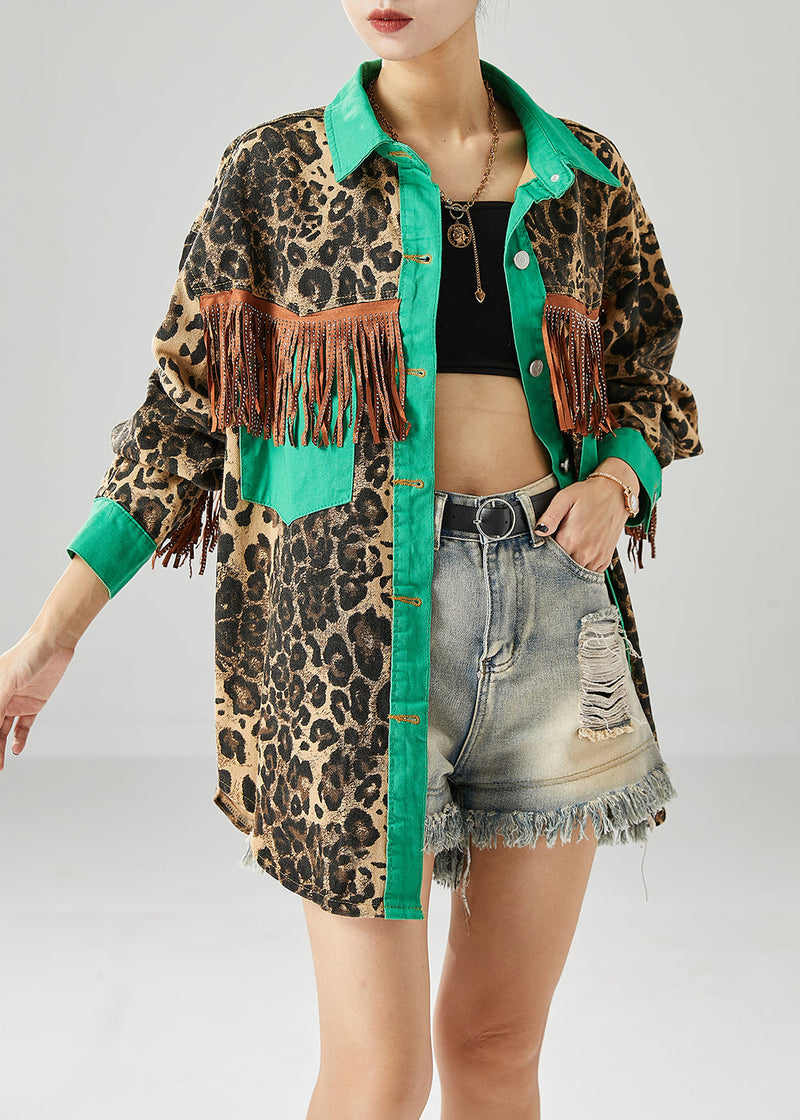 Green Tasseled Patchwork Leopard Print Cotton Coats Fall
