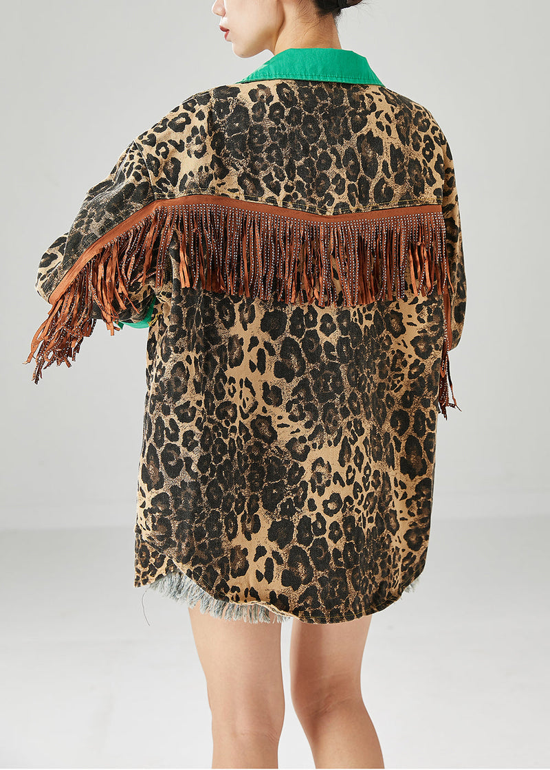 Green Tasseled Patchwork Leopard Print Cotton Coats Fall