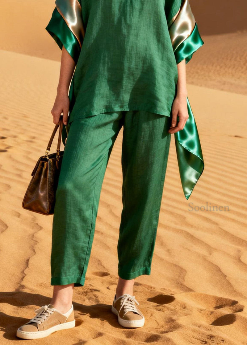 Green Top and Pants Patchwork Linen Silk Two Pieces Set Summer
