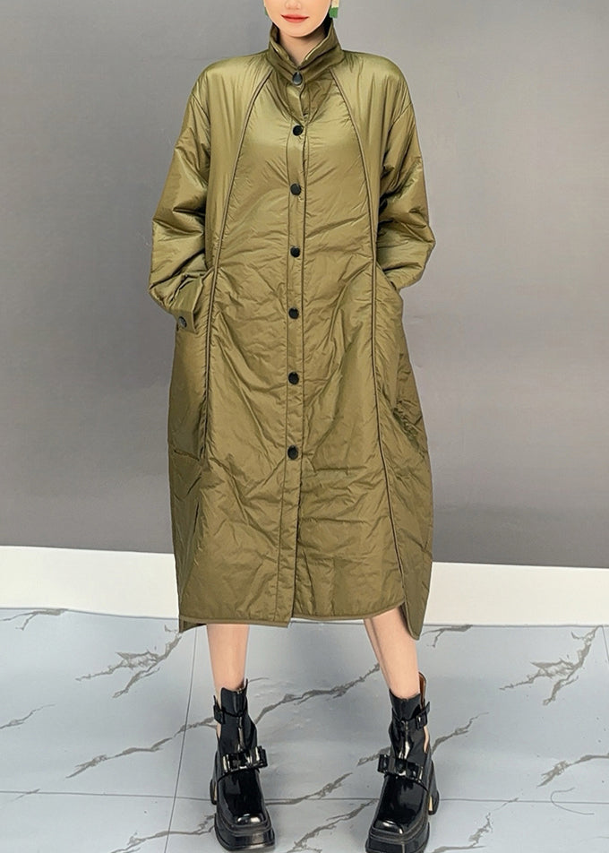 Green Turtleneck Pockets Button Low High Design Thick Parka Winter