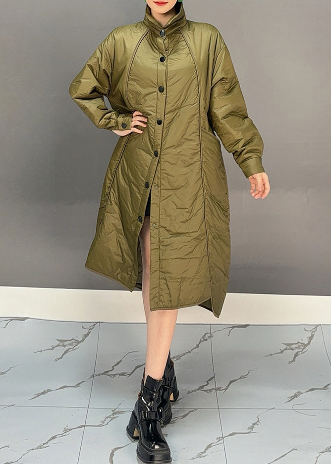 Green Turtleneck Pockets Button Low High Design Thick Parka Winter